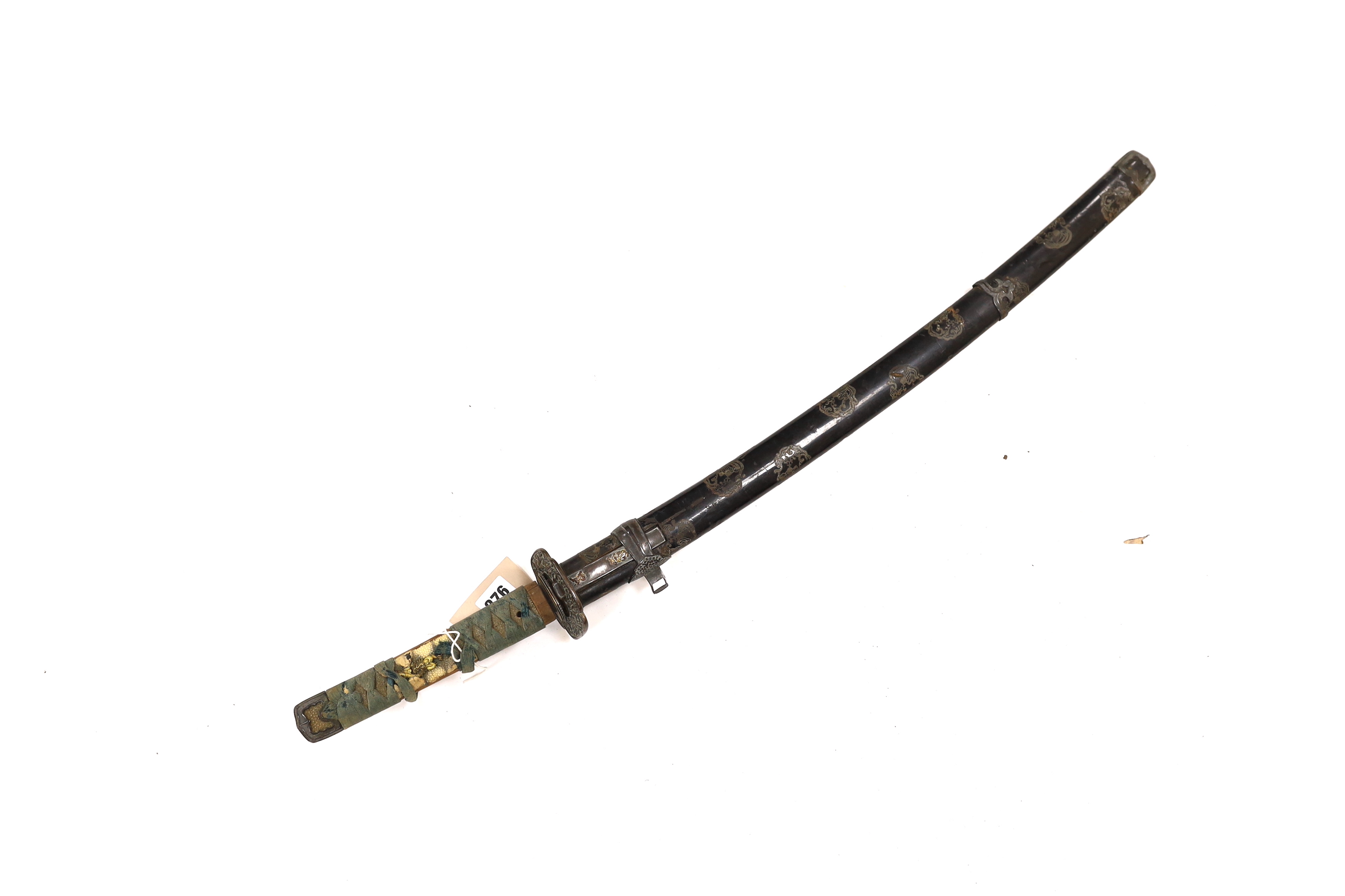 A 19th century Japanese katana with signature to the tang, with chiselled bronze tsuba and gilt metal menuki, and six various knives, blade 57cm